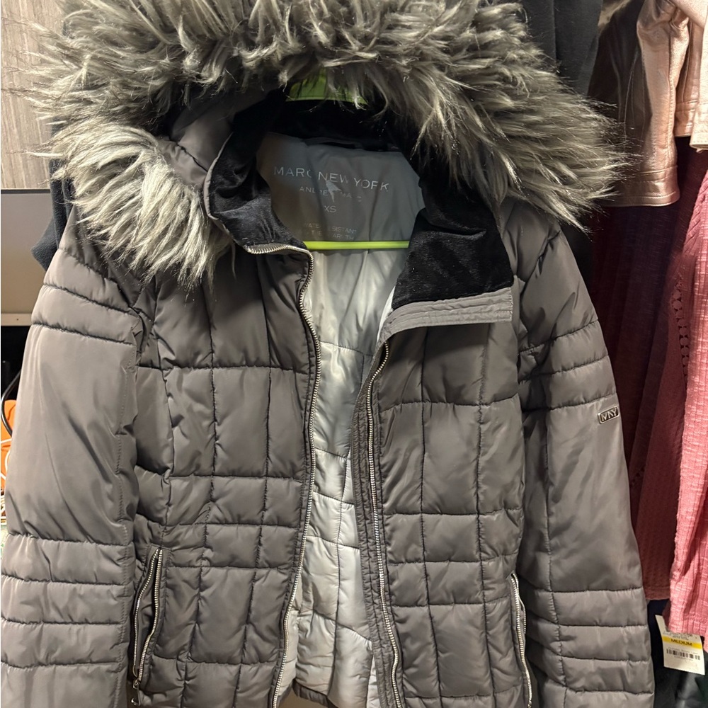 Marc New York Charcoal Puffer Womens Jacket with Faux Fur Hood Beautiful